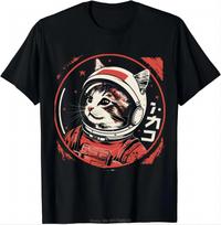 Space Cat Courage Japanese Retro Kawaii Cute Astronaut Cat T-Shirt Cotton Oversized Unisex Tshirt Men's Clothing Fitness Tshirt L black