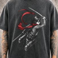 Mikasa Ackerman Attack On Titan AOT Mineral Washed Graphic Shirt | Heavyweight Oversized | Vintage Streetwear 100 black