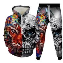Nauji vyriški sportinio kostiumo komplektai Goth Punk Kaukolė Ugnis 3D spausdinimas su gobtuvu kelnės Kostiumas Aukštos kokybės Skeletai Megztinis Gatvės stilius Per didelis 6XL gray
