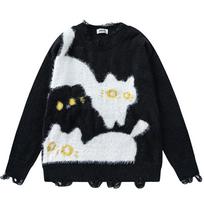 2KWEIRD Juokingi kačių megztiniai Harajuku Dydžio Oversize Hip Hop Megztinis Puloveris Megztas Džemperis Y2K Vintage Streetwear Megztiniai Unisex M juoda