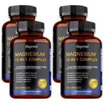 Magnio kompleksas 700 mg, 12-in-1 magnio papildas, veganiškas, be GMO, lengvai įsisavinamas, tinka tiek vyrams, tiek moterims 120*4
