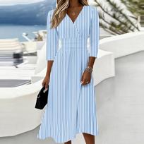 Women’s Striped Casual V Neck Three Quarter Sleeve Midi Dress with Back Zipper and Waist Detailing for Everyday Wear XL dangaus mėlyna spalva