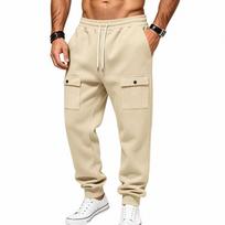 Men's Multi Pocket Cargo Jogger Pants, Drawstring Elastic Waist Tapered Sweatpants with Flap Pockets, Casual Streetwear Trousers for Daily Workout XXXL beige