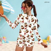 Girls Christmas Printed Long Sleeve Front Zip Top And Shorts Two Piece Swimsuit Set 160 white