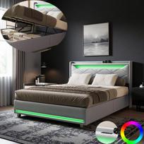 Lova dvigulė 140x190 cm su patalynės dėže, galvūgaliu, USB ir LED, grotelinis pagrindas; pilkas lininis audinys