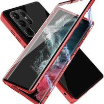 Metal Magnetic Case for Samsung Galaxy A56 A36 S22 S23 FE S24 S25 Ultra Plus Double Sided Glass Adsorption Tempering Glass Cover For Galaxy S25 Plus raudona