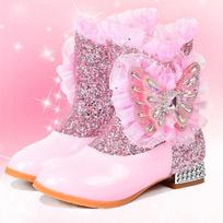Mergaiteiški pliušiniai su kalnų krištolu drugelio batai - Šilti rudens/žiemos aukštakulniai trumpi batai vaikams. Size 33 / Inner Length 21cm rožinė