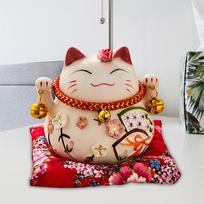 Maneki Neko Good Luck Cat Piggy Bank Feng Shui Ceramic Figurine Coin Money Waving Beckoning beige