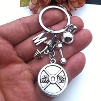 Mini Sports Equipment Keychain: Barbell, Dumbbell, Kettlebell, Gym Letter. black