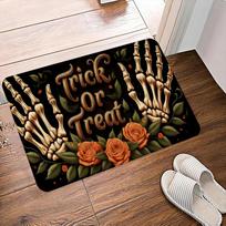 Gothic Skeleton Rose Doormat  Trick or Treat  Rug, Black Gold Spooky Machine Washable Door Carpet for Halloween Home Decor 40cm x 60cm black