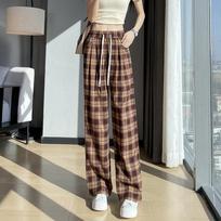 Retro Checkered Thin Wide-leg Pants Loose and Casual Small-sized Sun-proof and Mosquito-proof Straight-leg Pants 5XL gray