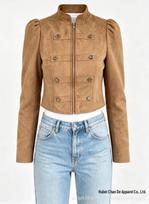 2026 Fall/Winter Women's Suede Napoleon Jacket: Stand Collar, Puff Sleeves, Double-Breasted, Zipper. Large tamsiai ruda spalva