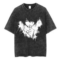 Anime Death Note L·Lawliet Yagami Light Retro Washed T Shirt Men Women Cotton Casual Oversized Short Sleeve T-shirts Streetwear L black