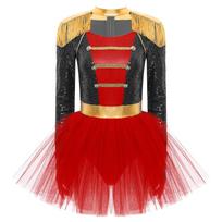 Womens Circus Ringmaster Tutu Dress Long Sleeve Tassel Shoulder Boards Sequins Tulle Skirt Bodysuit Halloween Costume S juoda
