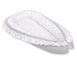 Baby cocoon/playpen with ruffles - mini gray stars on a white background/gray