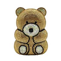 Boutique De FGG 3D (in stock) Bear Teddy Women Silver Pink Crystal Evening Clutch Handbags and Purses Diamond Wedding Party Bag Mini Clutch beige