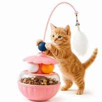Interactive Tumbler Cat Toy Food Dispenser with Catnip Ball and Feather Wand Slow Feeder Dispensing Treat Toy for Indoor Kittens 1-pcs rožinė