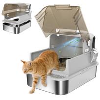 XXL Stainless Steel Enclosed Cat Litter Box, 90° Opening Lid and Double Doors, 70x50x46.5 cm, Grey