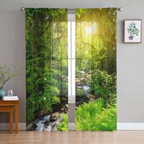 Landscape Forest Sun Natural Green Tulle Sheer Window Curtains For Living Room The Bedroom Modern Voile Organza Curtains Drapes Matches the image,W135 x H115cm x1&Rod Pocket