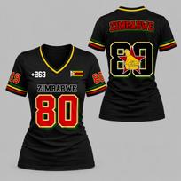 Zimbabwe Personalized Fan Print Women's Slim Fit V-Neck Short Sleeve T-Shirt with African Pattern, Women's Clothing Gift Top 2XL black