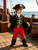 Kids Pirate Captain Costume 3-Piece Set Skull Print Hat Black Yellow Trim Coat Red Pants Halloween Cosplay Outfit 3-4Y&Other juoda