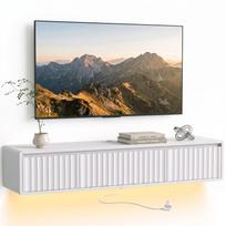 Floating Wall-Mounted TV Stand for 65  TVs, LED Lighting, Power Outlets, 120cm, White