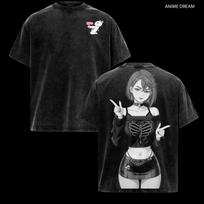Gothic Anime Girl & Pink Hammer Cat Vintage Washed Oversized Black T-Shirt | Streetwear & Anime Fan Unisex Tee XXXL black