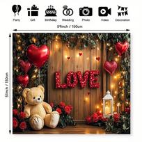 2D Romantic Love Teddy Bear Tapestry Wooden Wall Red Heart Balloon Photo Booth Decor 59x51.1inch/150*130cm brown