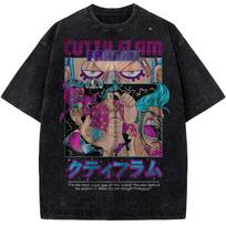 ONE PIECE Franky Short Sleeve T-Shirt Anime Manga Vintage Washed Graphic Print Super Water Seven Muscle Cyborg Streetwear Men L gray