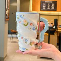 High End Tulip Mug with Lid Large Capacity Ceramic Cup for Girls Birthday Gifts Best Friend Souvenirs 401-500ml white