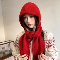 Red Balaclava for Women in Autumn and Winter Warm Ear Protection  Neck Scarf  Woolen Knitted Hat and Scarf All in One black