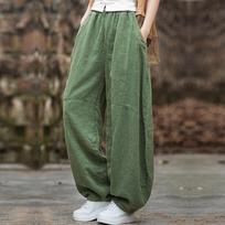 Elegantiškos moteriškos medvilninės lininės baggy cargo kelnės Vintažinės elastinės juosmens jogos kelnės Laisvos laisvalaikio ilgos plačios kojos oversize drabužiai L žalia
