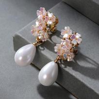 Fashion Luxurious Imitation Pearl Waterdrop Clip on Earrings Exquisite Elegant Petals Ear Clips Bridal Wedding Banquet Jewelry gray