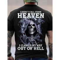 Men's Gothic Grim Reaper T-Shirt,  I Didn'T Fall from Heaven I Clawed My Way Out of Hell  Slogan, Loose Fit Dark Tee with Skull, Bat & Lightning Bolt M juoda