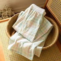 Spring Summer Color Matching Candy Straight Leg Pants for Home Wear Women's Cotton Plaid Design Loose Drawstring Waist Pajama Pants L žalia
