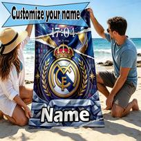 Custom Name Personalized Real Madrid CF Print Beach Towel, for Trip Camping Beach Party Home Decor, Birthday Gift for Family & Friends 70cmx140cm(27x55inch) gray