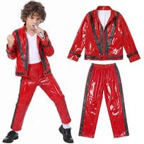Kids Michael Jackson Costume Red Black Leather Outfit Boys Stage Performance Suit Halloween Fancy Dress US4 raudona
