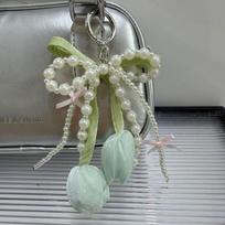 New Ribbon Pearl Tulip Ribbon Keychain Tulip DIY Mobile Phone Pendant Jewelry Style Pearl Bow Bag Accessories Mobile Phone Chain žalia