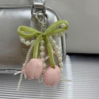 New Ribbon Pearl Tulip Ribbon Keychain Tulip DIY Mobile Phone Pendant Jewelry Style Pearl Bow Bag Accessories Mobile Phone Chain rožinė