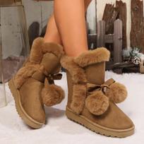 Saldžiai rožiniai pliušiniai neslystantys sniego batai moterims, žieminiai šilti pūkuoti pliušiniai žemi batai, ankle boots, mieli pomponai, dizainerio mergaitės batai 41 35 ruda