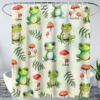 Kawaii Frog Shower Curtain,Cute Cartoon Mushroom Frog Bath Curtain,Romantic Frog Couple Hearts Printed Waterproof Blue Stripe 90x180CM beige