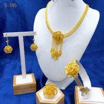 24k Gold-plated Flower-shaped Hollow Jewelry Set - Necklace, Earrings, Bracelet, Ring Set - For Women, Bridal Jewelry Set black