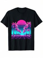 Retro 80s Vaporwave Aesthetic Palm Trees Sunset 90s Art Men's Summer Tops Streetwear Hipster Hip Hop Tshirts Short Personalized M blue