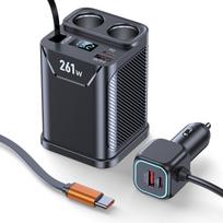 7 in 1 Cigarette Lighter Adapter Cup Holder 261W Car Charger Adapter with PD45W Charge 24V/12V Cigarette Lighter LED Voltmeter juoda
