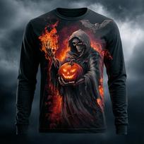 Men's Long Sleeve T-Shirt 3D Print Grim Reaper Pumpkin Bat Flame Halloween Gothic Crew Neck Casual Tops M black