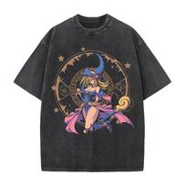 Harajuku Anime Yu-Gi-Oh! T-shirt Summer Short Sleeve Tee Shirt Dark Magician Girl Vintage Washed Cotton Tops Men Women Clothing M black
