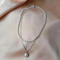 Women's Double Layer Pearl Beaded Pendant Choker Necklace, Gothic Chain Fashion Jewelry for Women gray