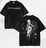 2026 Summer NieR: Automata 2B Double-Sided Printed Black Washed Loose Pure Cotton T-shirt, Anime Harajuku Street Style T-shirt XXXL black