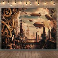 Large steam punk city party banner - Vibrant polyester backgroundXY 59×39inch/150*100cm brown