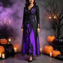 Women's Halloween Costume Lace Chiffon Long Dress with Thorn and Design L violetinė